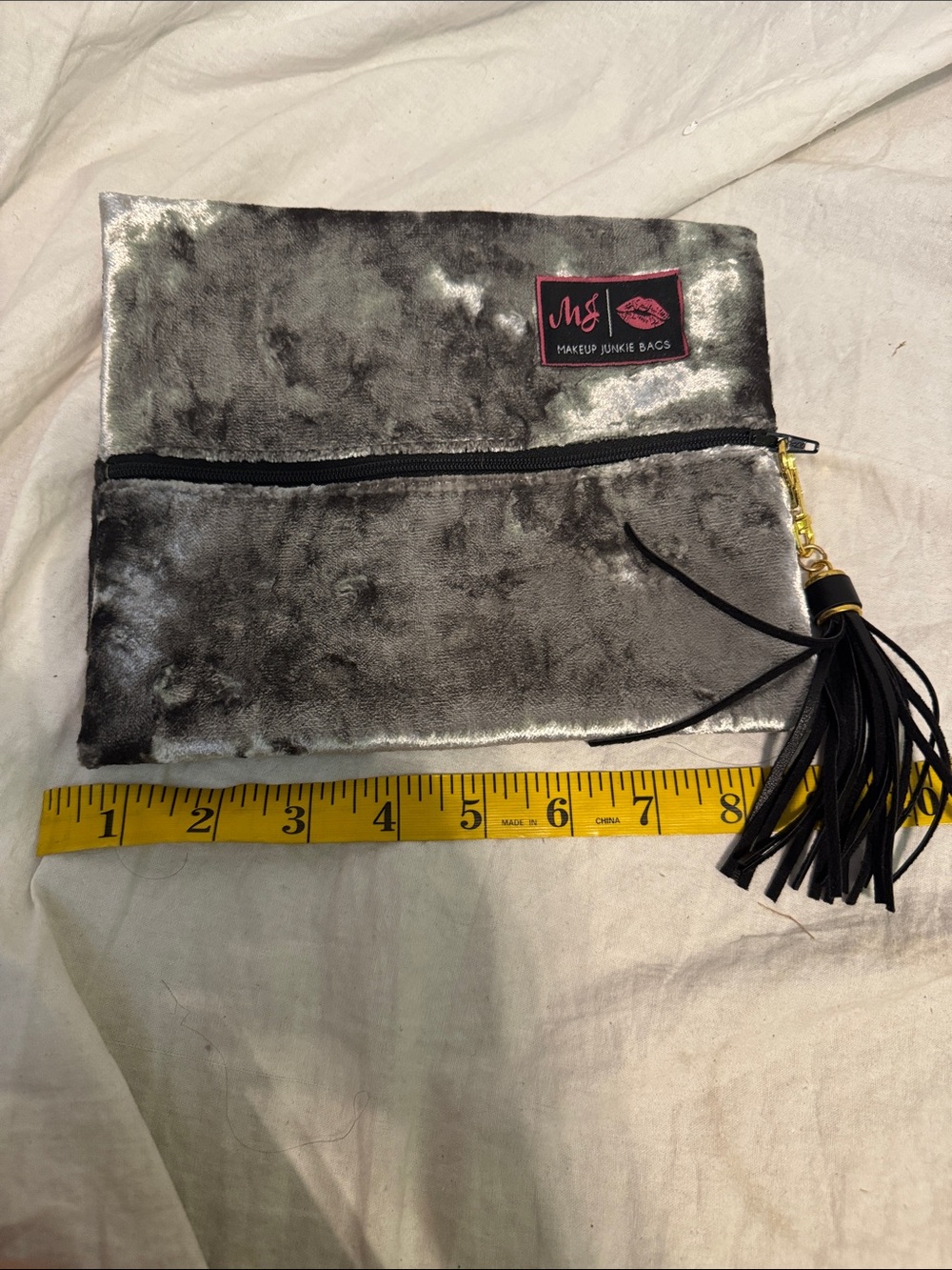 Makeup Junkie Bags Gray Velvet Cosmetic Pouch with Tassel